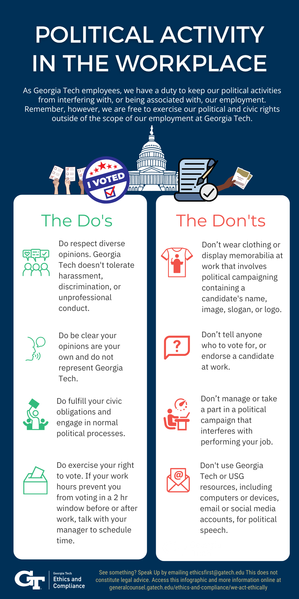 Infograph of instructions for what to do, and not do regarding political activity in the workplace. 