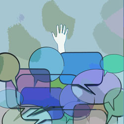 illustration of a hand raised up from a pile of comment bubbles